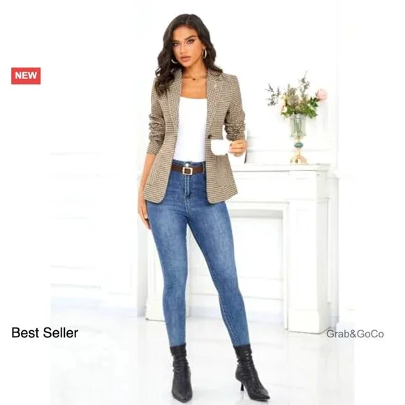 Plaid Blazer Embroidered Collar Houndstooth Business Casual Office Jacket - Picture 6 of 7